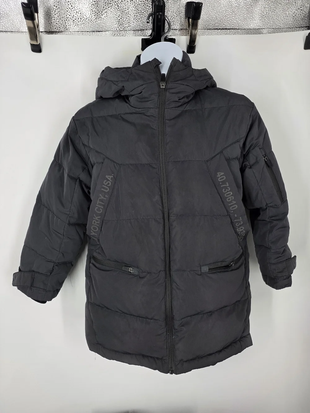 Zara Boys Puffer Jacket Size 8 Black Hooded NYC Coordinates Winter Parka Coat